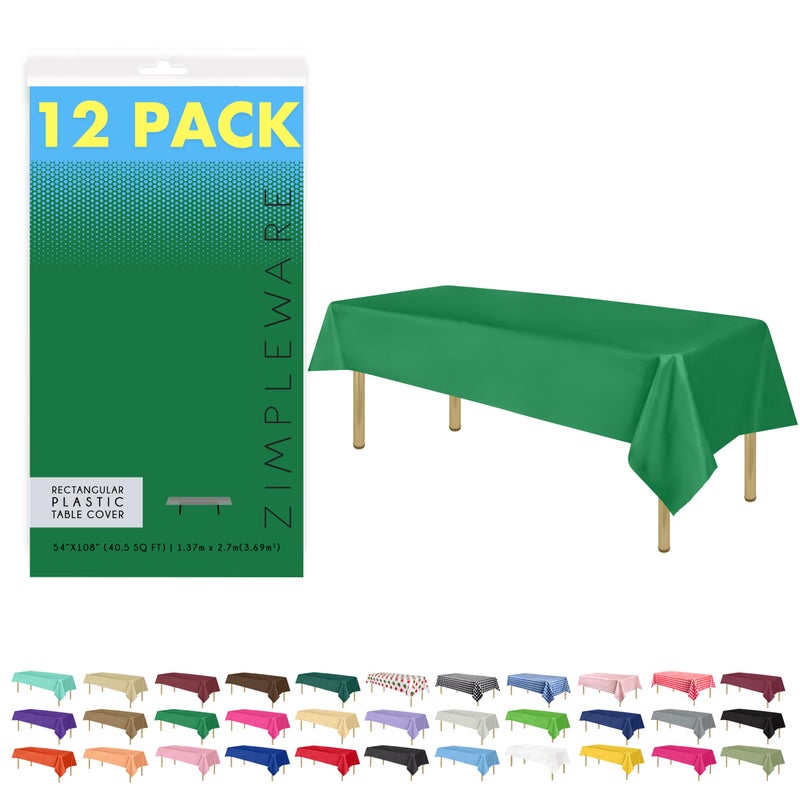 ZIMPLEWARE Premium Green Plastic Table Cloth Disposable (12 Pk) Plastic Tablecloths for Rectangle Tables (54in x 108in) Party Table Cloths Disposable for 6ft to 8ft Rectangle Tables - Image 1